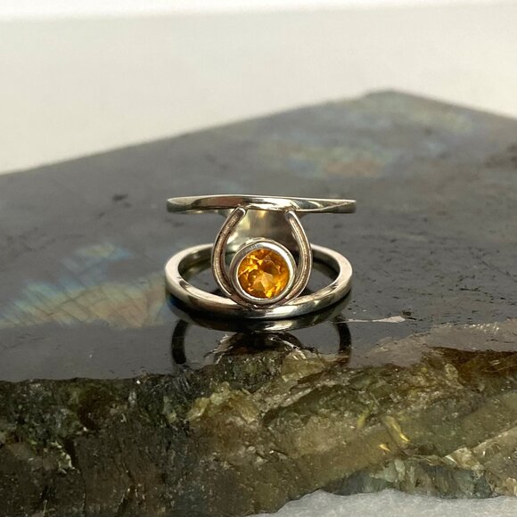 Sterling Silver 925 Round Faceted Citrine Gemstone Horseshoe Ring Sz 6.5 - Picture 5 of 16